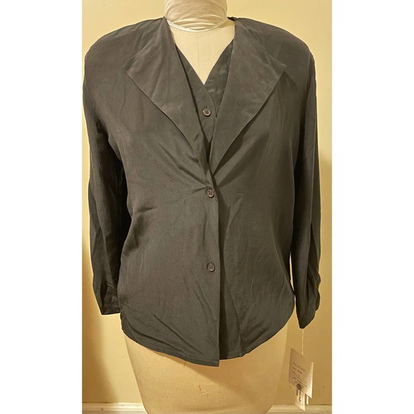 Vintage 100% Silk Long Sleeve Black Blouse Button Up Size 4 New With Tags - Picture 1 of 3
